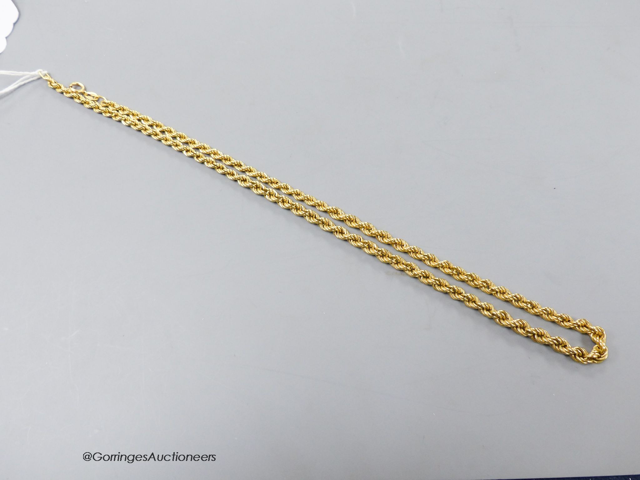 A modern 18ct gold ropetwist chain, 50cm, 16 grams.